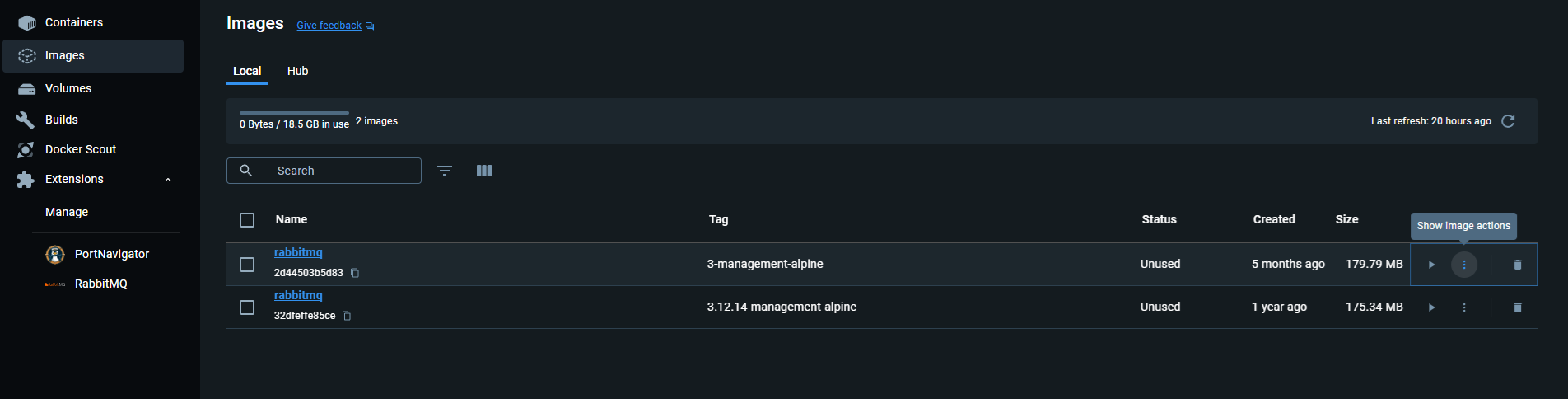 Rabbit Docker image appears in Docker Desktop.